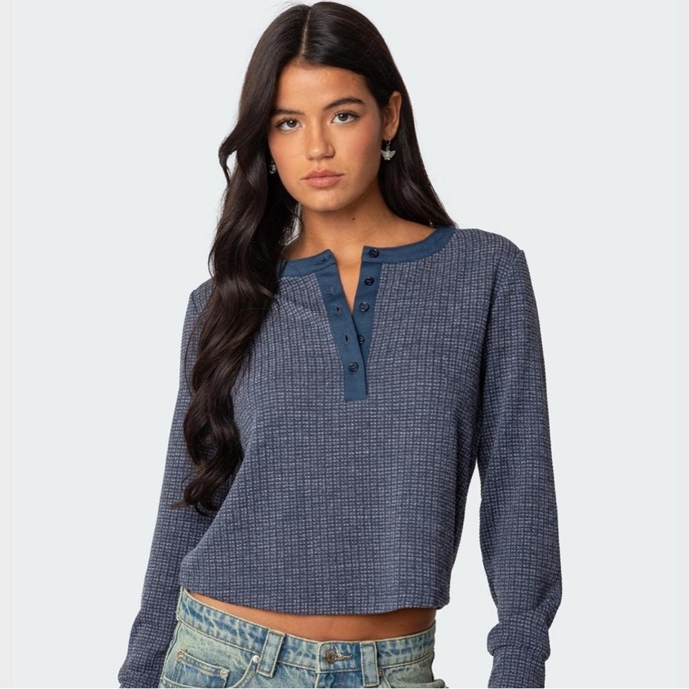 Edikted Navy Long Sleeve Button-Up Top
